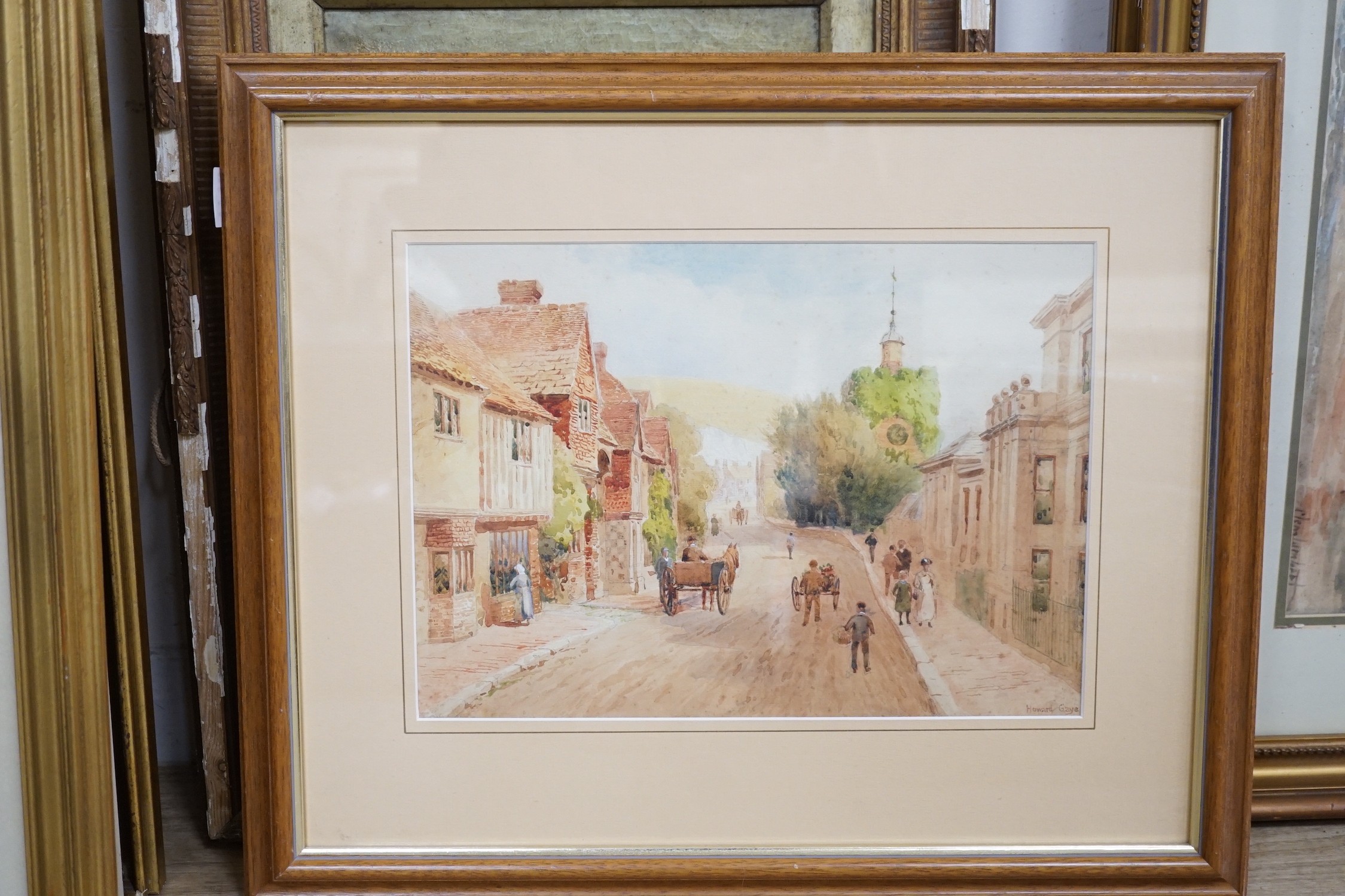 Clem Lambert (1855-1925), watercolour, 'Cliffe Bridge, Lewes', signed, 36 x 52cm, and Howard Gaye, watercolour, 'Southover High Street, Lewes', 26 x 36cm